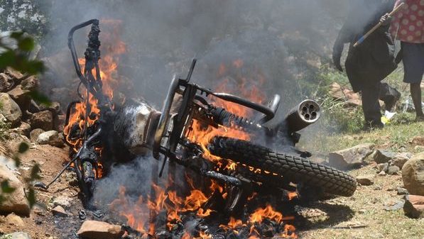Motorbike being burned during violence in Laikipia